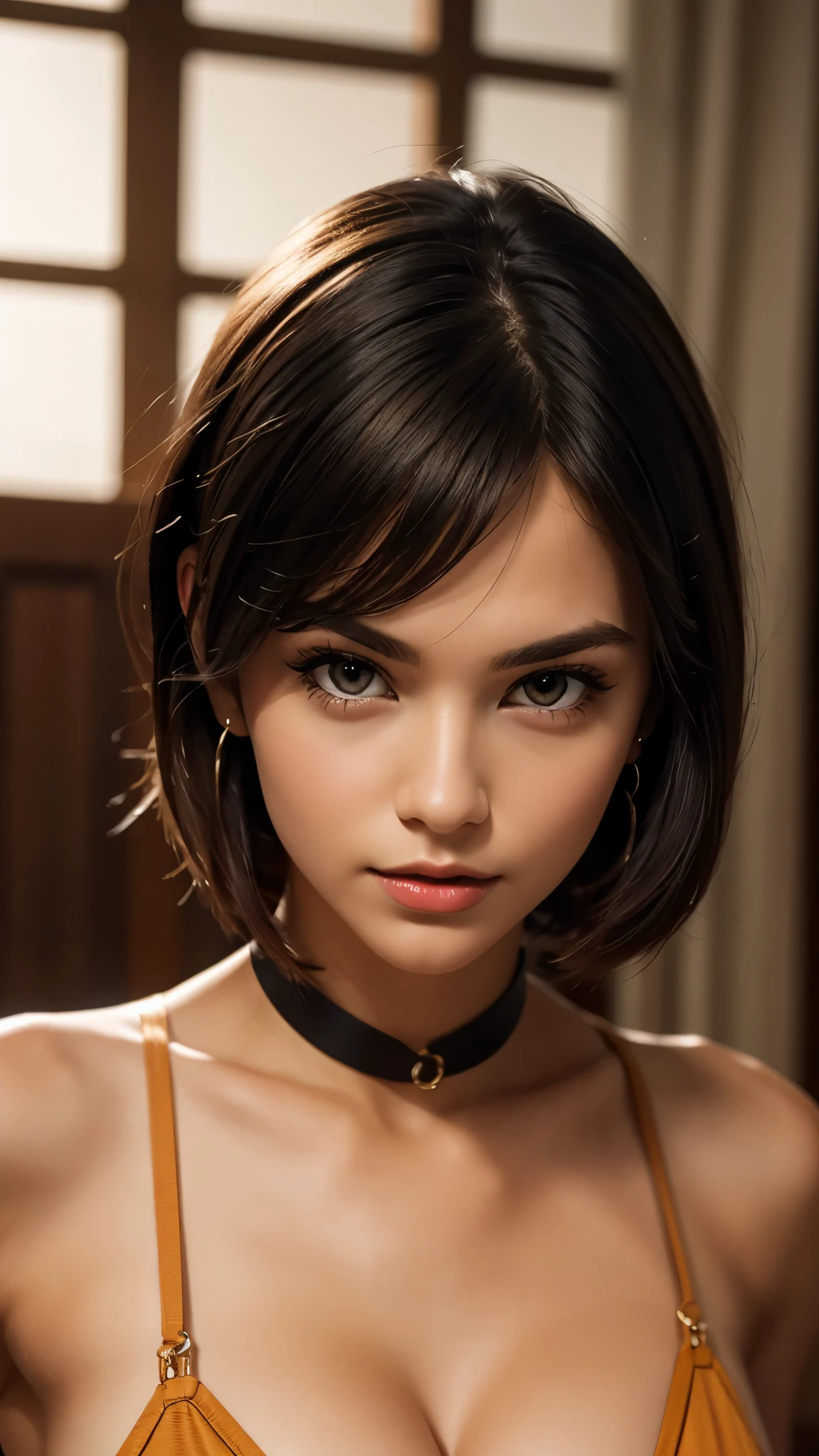 (Best quality,8K,high resolution,masterpiece:1.2),Digital Artwork, A girl，Delicate face，Delicate eyes，Dark brown hair，Short straight hair，Shining amber eyes，Red lips，Suspenders