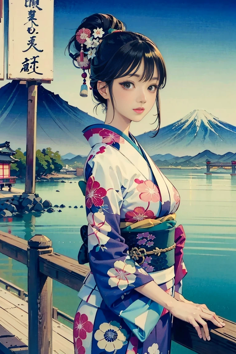 (Highest quality、 8k wallpaper、masterpiece、High resolution)、(whole body)、Vibrant colors、Brown-black bob、Traditional round topknot、Ample breasts、(Highly detailed face and eyes、Beautiful Face、Beautiful Eyes、Beautiful nose、Pretty lips)、Highly detailed art,(Art with precise detail:1.5), (Japanese painting:1.5), (A woman in a kimono standing on a bridge:1.5),(Japanese clothes in calm colors:1.4), Detailed CG、