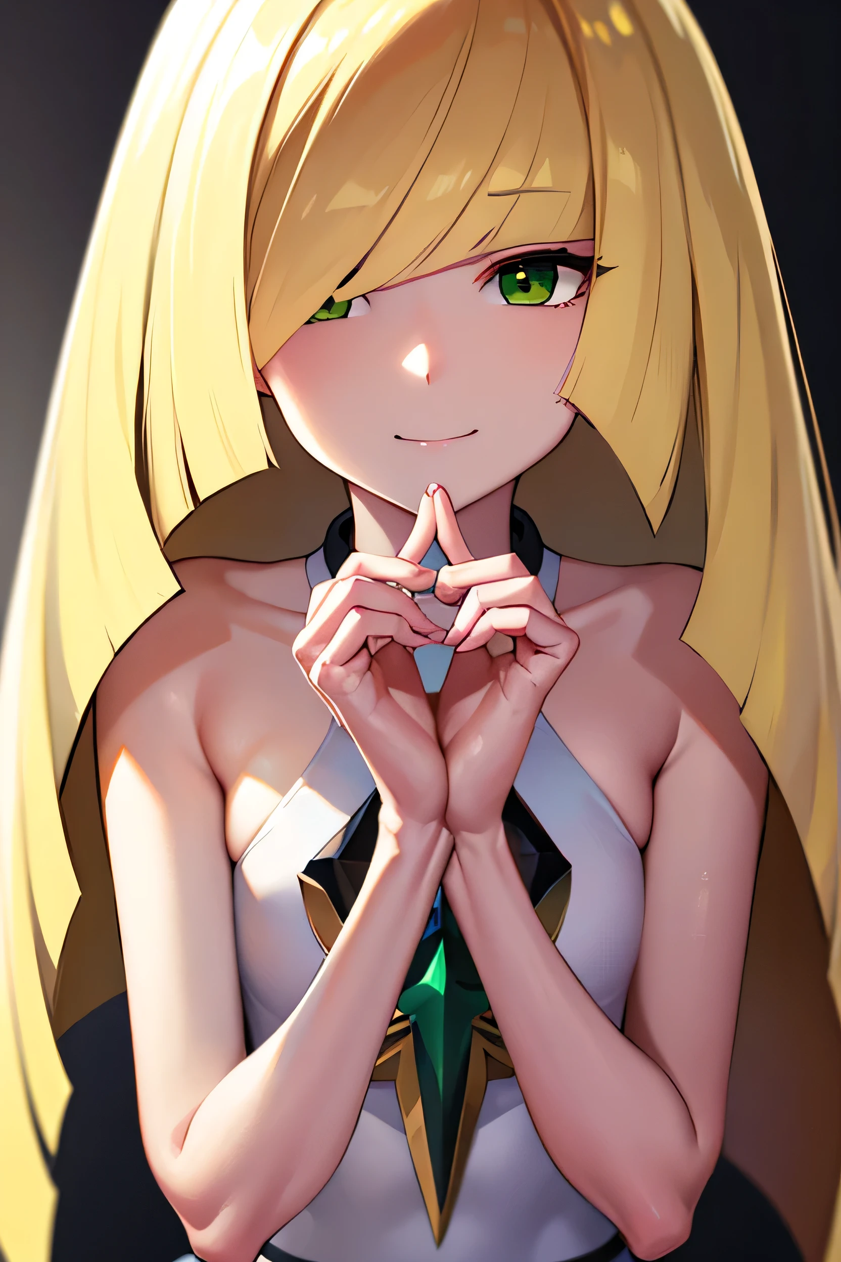 Lusamine (Lusamine)、Luzamin、Pokemon Luzamin、Blonde Hair、(Green Eyes:1.5)、Hair above one eye、Long Hair、Multicolored Hair、Striped Hair、Very long hair、smile、diamond(shape)、dress、gem、Green Gemstone、leggings、Short dress、No sleeve、No sleevedress、White dress、White leggings、Looking at the audience、Upper Body、whole body、Take a break indoorasterpiece:1.2)、Highest quality、High resolution、unity 8k wallpaper、(An illustration:0.8)、(Beautifully detailed eyes:1.6)、Highly detailed face、Perfect lighting、Highly detailed CG、(Perfect hands、Perfect Anatomy)、