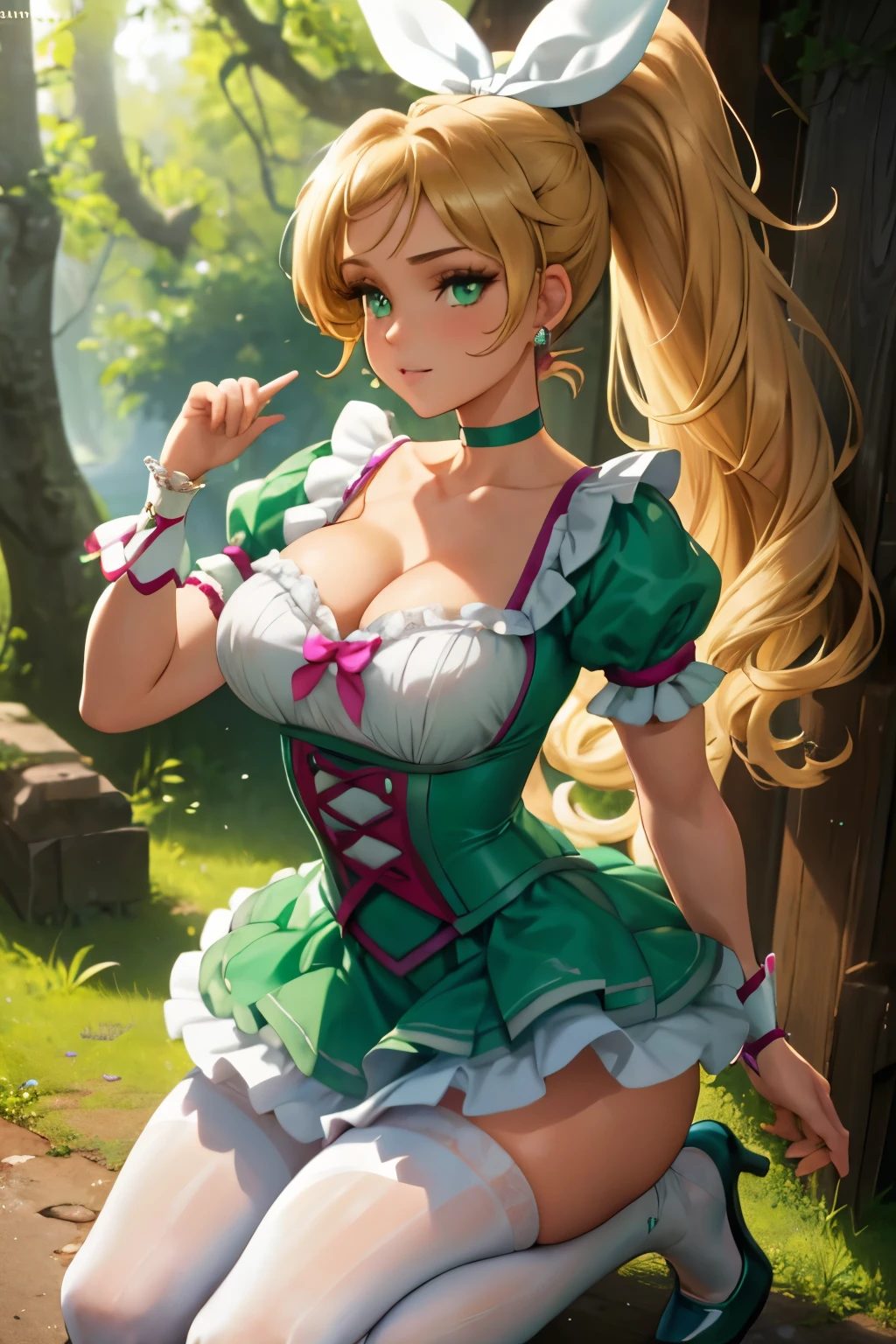 ((lisière de forêt)), gros seins, jambes grasses, (extremely fine and beautiful:1.1), (perfect details:1.1), (finely detailed eyes and detailed face:1.3), (sexy pose: 1.2), Cure Rithm, grey pantyhose, brown pantyhose, blonde hair, long hair, wide ponytail, green eyes, white choker, choker, heart earrings, ribbon, cure rhythm dress, puffy short sleeves, brooch, arm warmers, wrist cuffs, white high heels,