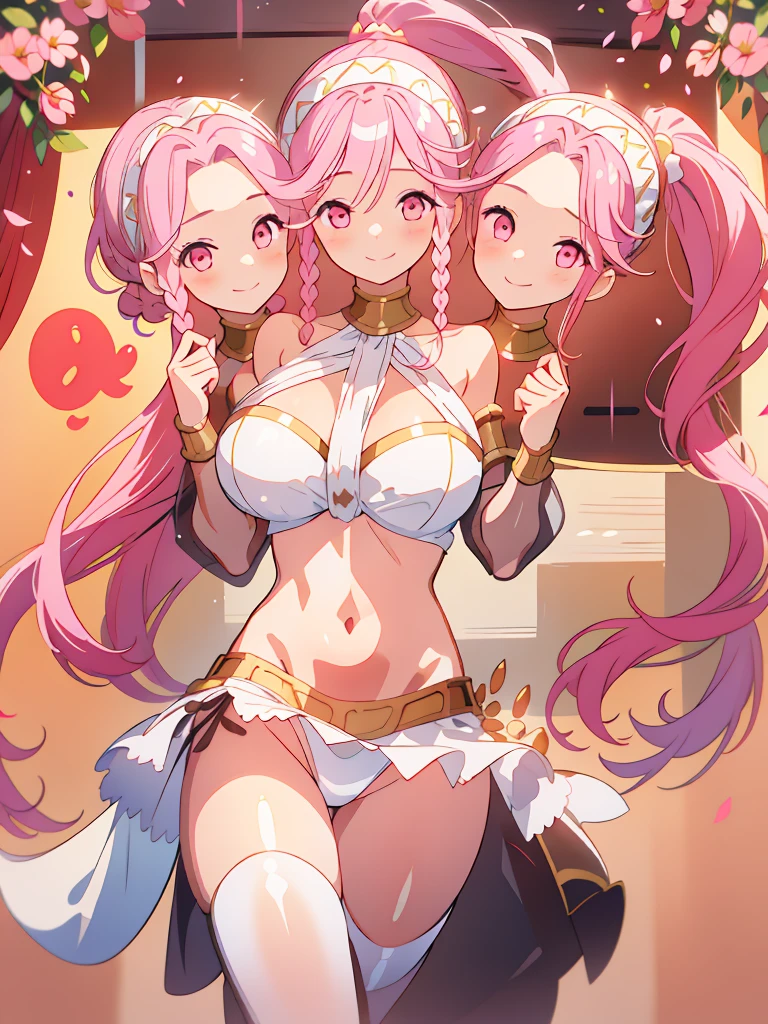 (masterpiece, best quality), best resolution, (3heads:1.5), 1girl, pink hair, long flowing hair, smiling, grinning, open belly, white crop top, white miniskirt, open breasts, huge , curls, sexy pose, ponytail, golden headband, 
