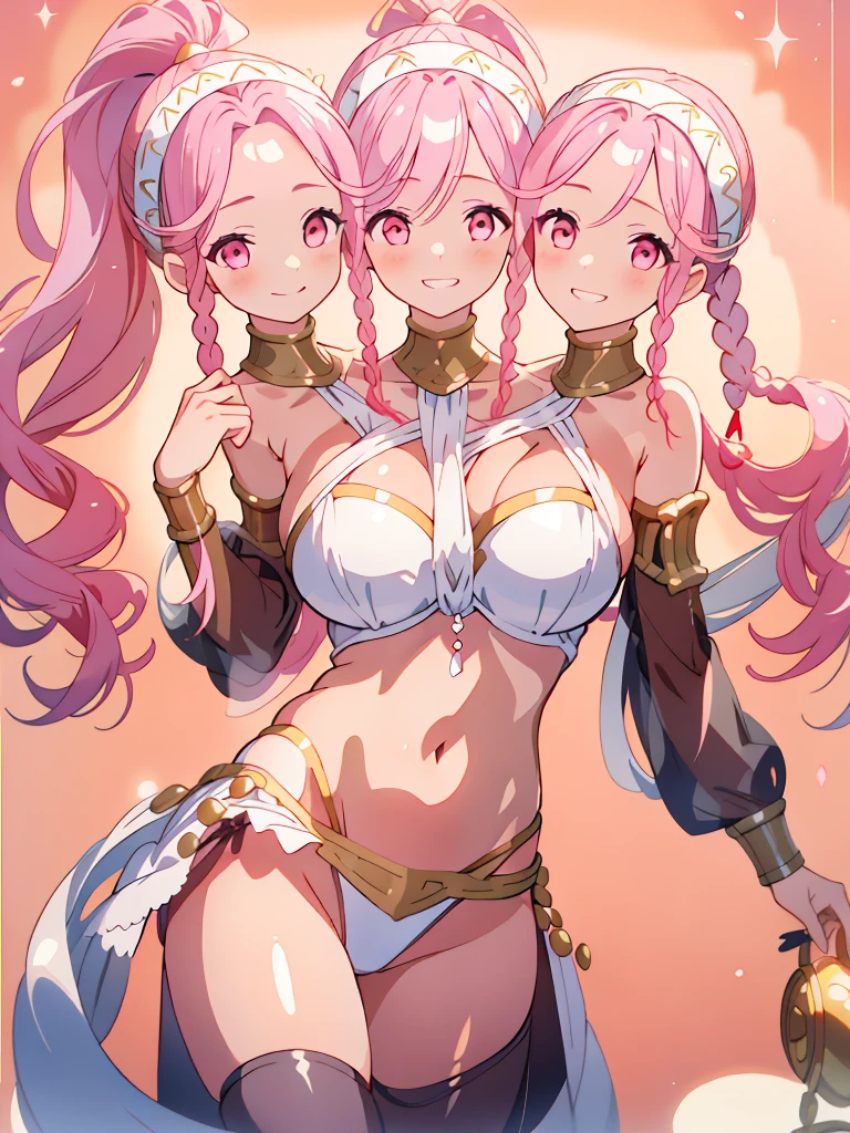 (masterpiece, best quality), best resolution, (3heads:1.5), 1girl, pink hair, long flowing hair, smiling, grinning, open belly, white crop top, white miniskirt, open breasts, huge , curls, sexy pose, ponytail, golden headband, 
