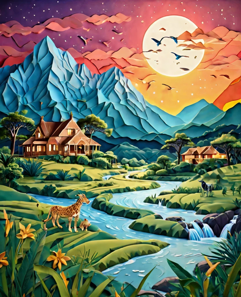 Paper cut art (((masterpiece))),best quality, illustration, African map, within African map we see a night sky, cloud, banana plantation, rivers, mountains, lions, giraffes, cows, no humans, night, birds, moon, building, night sky, scenery, starry sky, grass, house, trees, waterfall, birds in the sky, African map, vibrant color scheme, Soft light,(warm color:1.2),Water color painting, light background, best quality exquisite details,3d rendering,Octane render, pastel, paper_cut of African map.