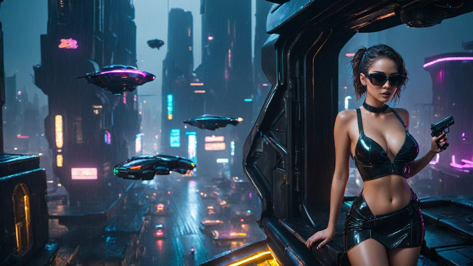 (aerial view, a flying cars docking platform, a very dark abandoned futuristic city, neon lights), rainy night. 1girl, solo, alone, large-breast:1.2 slim body, cleavage:1.1, sexy wind blowing wet dress:1.4, (headphone, black sunglasses), (((she raised a pistol:1.8 and took aim))), dynamic pose, (((half-body thigh level medium shot))), cinematic lighting, lens flare, ray tracing.