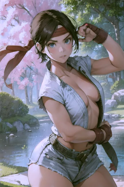 (masterpiece, best quality:1.2), expressive eyes, perfect face, highres, 1girl, solo, ryu \(sf\), (female:1.5), black hair, shor...