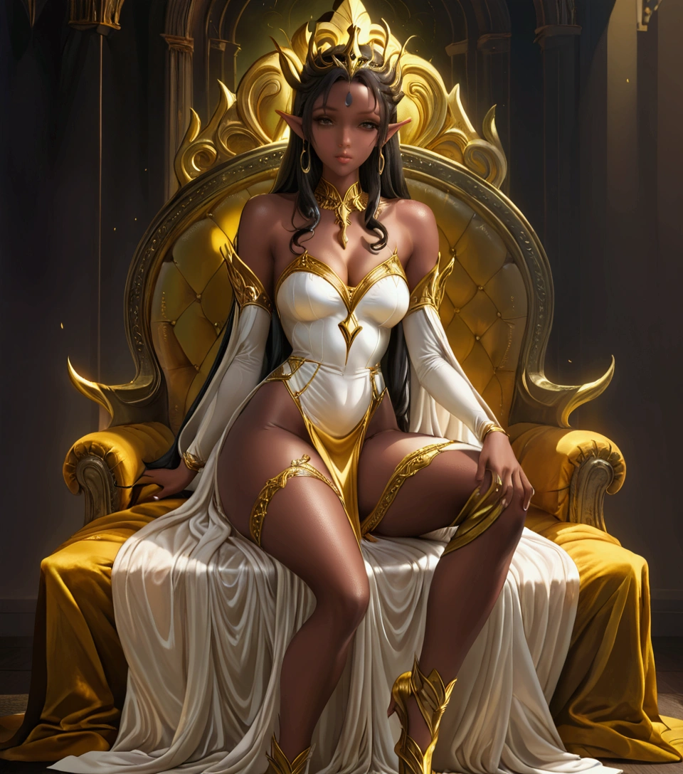 there is a woman sitting on a chair with a long beautiful dress, a horn on her head, sitting in a gilded throne, ((a beautiful fantasy empress)), princess portrait, on her throne, sitting on her throne, dark skin female goddess of love, portrait of an elf queen, a beautiful fantasy empress, seated in royal ease, portrait of queen of dreams, cg detailed, 3d