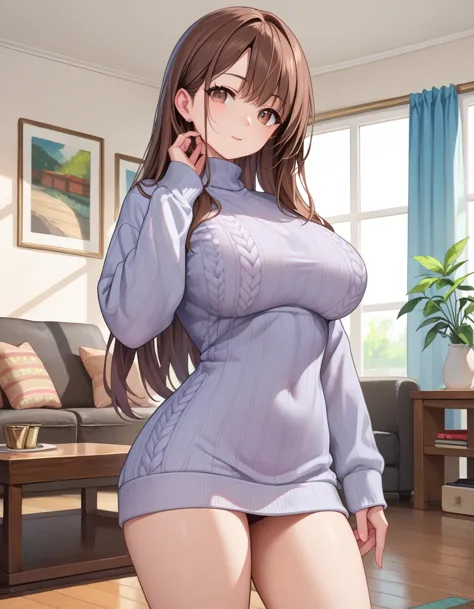 score_9, score_8_up, score_7_up, source_anime, 1girl, brown hair, long hair, brown eyes, big breasts, living room, sweater, stan...