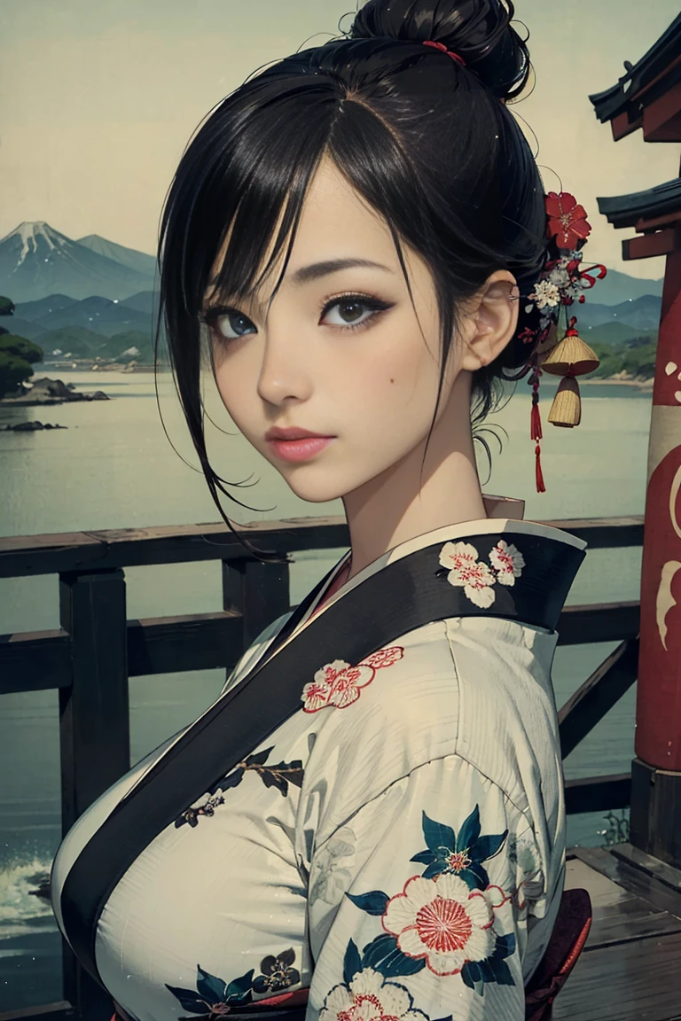 (Highest quality、 8k wallpaper、masterpiece、High resolution)、(whole body)、Vibrant colors、Brown-black bob、Traditional round topknot、Ample breasts、(Highly detailed face and eyes、Beautiful Face、Beautiful Eyes、Beautiful nose、Pretty lips)、Detailed Art,(Art with precise detail), (Japanese painting), (A woman in a kimono standing on a bridge),(Japanese clothes in calm colors), Detailed CG、