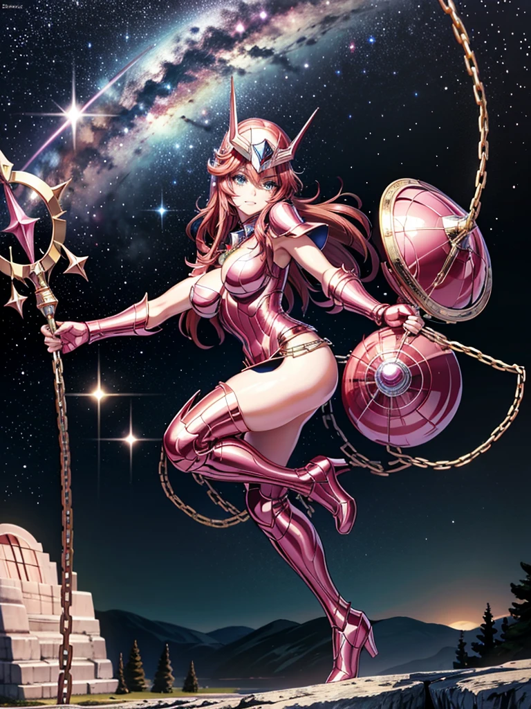 masterpiece, best quality, ultra high res, realistic skin texture, armature, photorealistic, high resolution, raw photo, shiny skin, realistic skin texture, best lighting, sparkle, dramatic lighting, dynamic pose, Greek temple background, night sky, cosmos, milky way, 1girl, balanced eyes, Andromeda Shun, pink armor, roman skirt plate, breast plate, cleavage, red hair, pink helmet, blue eyes, looking at viewer, large breast, slight smile, chains