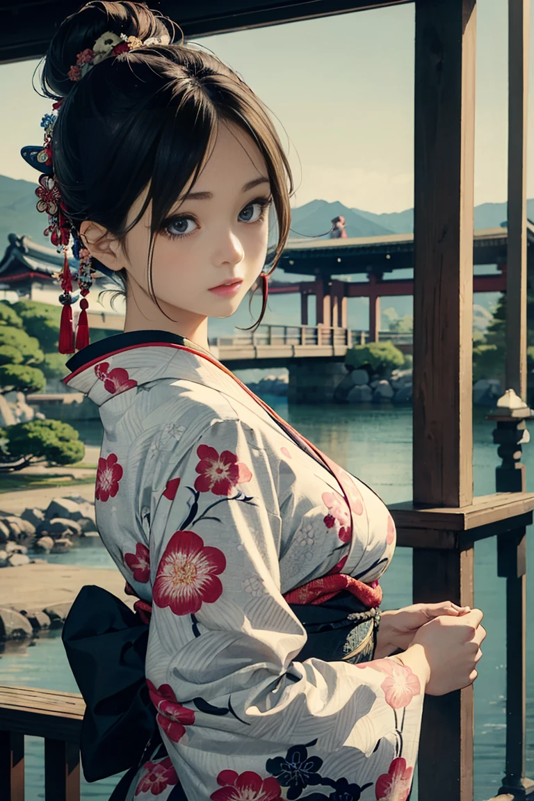 (Highest quality、 8k wallpaper、masterpiece、High resolution)、(whole body)、Vibrant colors、Brown-black bob、Traditional round topknot、Ample breasts、(Highly detailed face and eyes、Beautiful Face、Beautiful Eyes、Beautiful nose、Pretty lips)、Detailed Art,(Art with precise detail), (Japanese painting), (A woman in a kimono standing on a bridge),(Vivid floral patterned kimono), Detailed CG、