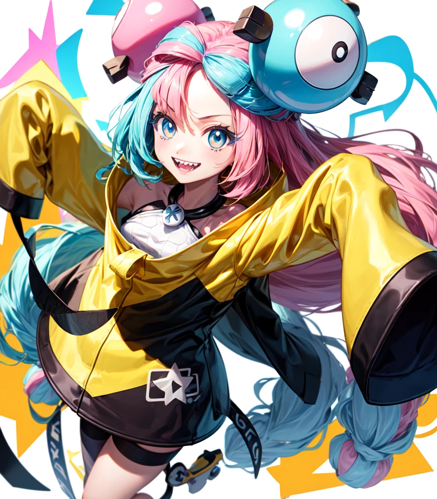 alone、(\(Pokemon\)、Highest quality、masterpiece、Anime Style、Pink hair and blue eyes、Yellow Jacket、smile、White background,Nanjamo,No text