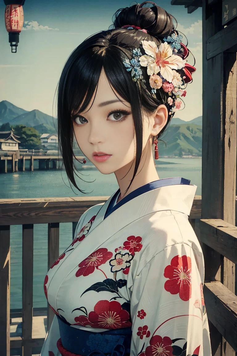 (Highest quality、 8k 、masterpiece、High resolution)、(whole body)、Vibrant colors、Brown-black bob、Traditional round topknot、Ample breasts、(Highly detailed face and eyes、Beautiful Face、Beautiful Eyes、Beautiful nose、Pretty lips)、Detailed Art,(Art with precise detail), (Japanese painting), (A woman in a kimono standing on a bridge),(Vivid floral patterned kimono), Detailed CG、