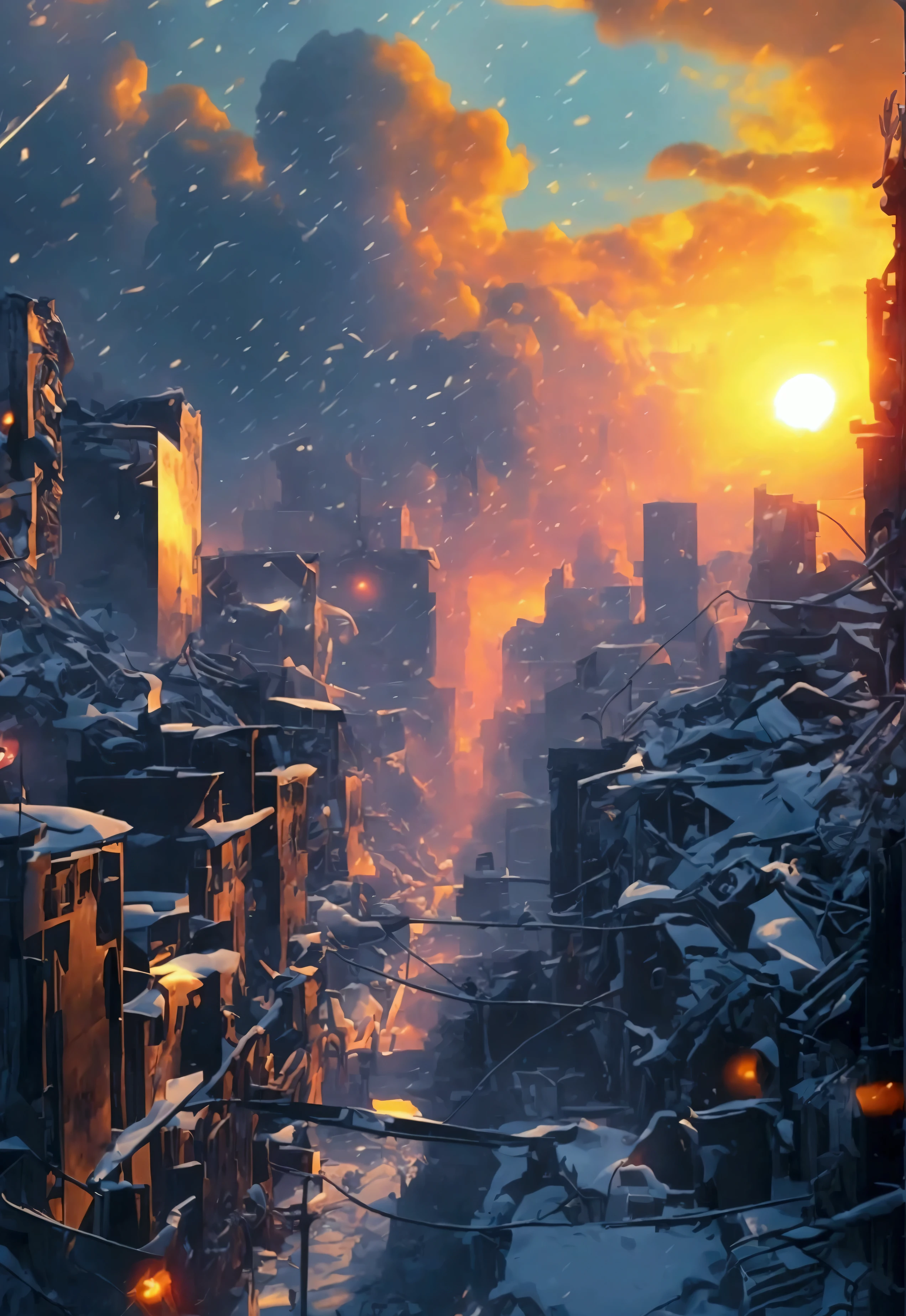 movie cover, collage of scenes, epic scene, In the center a destroyed city hit by a great snow storm that covers everything with a thick layer of snow, in a world where the sun does not exist.