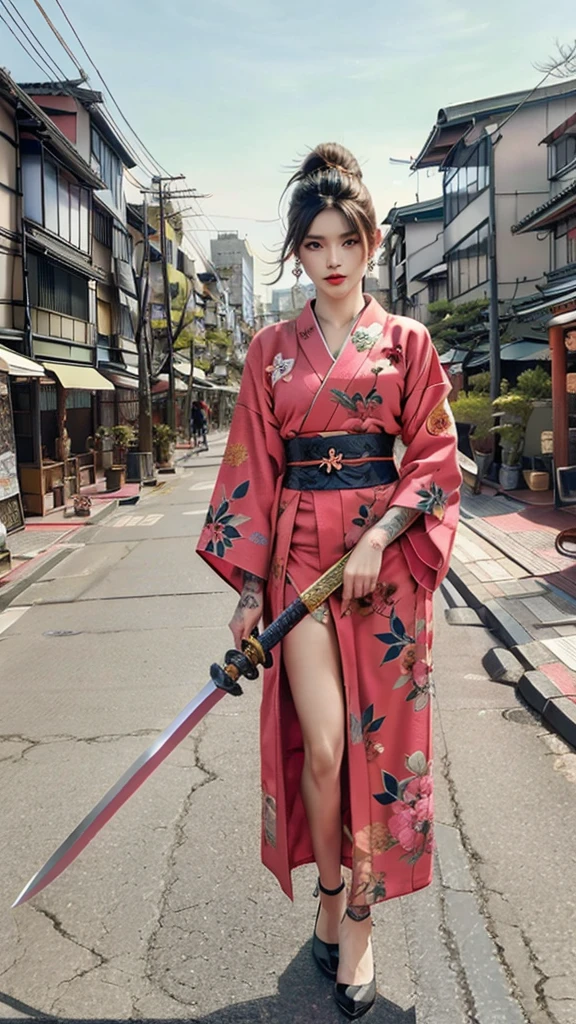 Beautiful Chinese woman, (16 years old), pretty face, red lips, white moisturized skin,
BREAK,
Athletic feminine body, Female fitness model body, Hard-toned feminine body, (muscles: 1.2), (beautiful belly button),
BREAK,
Martial arts, Kung fu, Idol,
BREAK,
(Wearing cute kimono: 1.3), (Red high heels 1.3), Necklace, Very large earrings, Short length,
BREAK,
Short hair, (Short bob hair), (Bangs: 1.2), (Pink hair), (Wavy hair),
BREAK,
(Holding a very large sword in hand: 1.4), (Holding the handle of the sword in hand: 1.3), (Raising a very large sword: 1.2), (Getting into a fighting position),
BREAK,
(Large tattoo, Japanese tattoos all over the body: 1.4),
BREAK,
Masterpiece, Perfect lighting, Ultra high resolution, 8K, (Very detailed: 1.4), (front view), looking at camera, melancholic expression,
BREAK,
(Tokyo city, lots of people in background), Japanese city background,