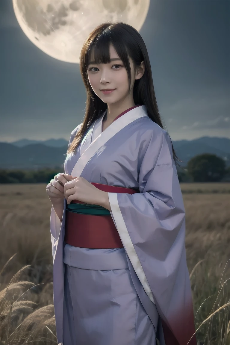 (Ultra-detailed backgrounds),High resolution, Very detailed, One Japanese girl, yae miko, Black Hair, Purple eyes, （Pampas grass steppe:1.3),(The costume is a Japan kimono:1.2),(colorful),evening、Full moon in the sky、A plateau where silver grass sways、Girl Looking at the Moon、Japanese customs: the fifteenth night、CG, Unity, 8k, wallpaper, Highest quality, masterpiece, A girl&#39;s whole body, Cheerful girl, 17 years old, Amami Haruka, (Bright smile: 1.2), Small symmetrical ribbons on either side of the head, Best lighting, Complex pupil, colorful, wonderful, Particles of light, Lens flare, Depth of written boundary,（A small table in the foreground features rice dumplings and persimmons.：1.2）、