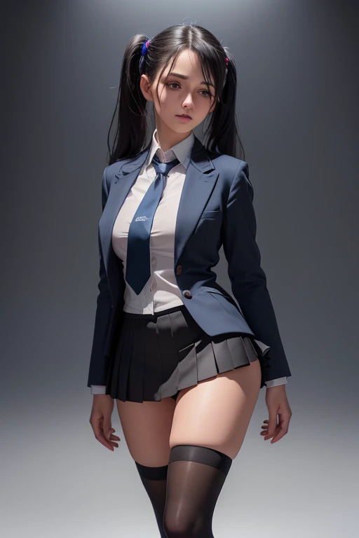 1girl, beautiful young woman, long black hair, twin tails, blue blazer uniform, tie, tight skirt, knee socks, standing in anatomy club room, gazing at viewer, sweet expression, human body drawings on blackboard, (best quality,4k,8k,highres,masterpiece:1.2),ultra-detailed,(realistic,photorealistic,photo-realistic:1.37),anatomy,scientific,precise,hyper-realistic,intricate details,vivid colors,cinematic lighting,volumetric lighting,depth of field,photo-realistic rendering