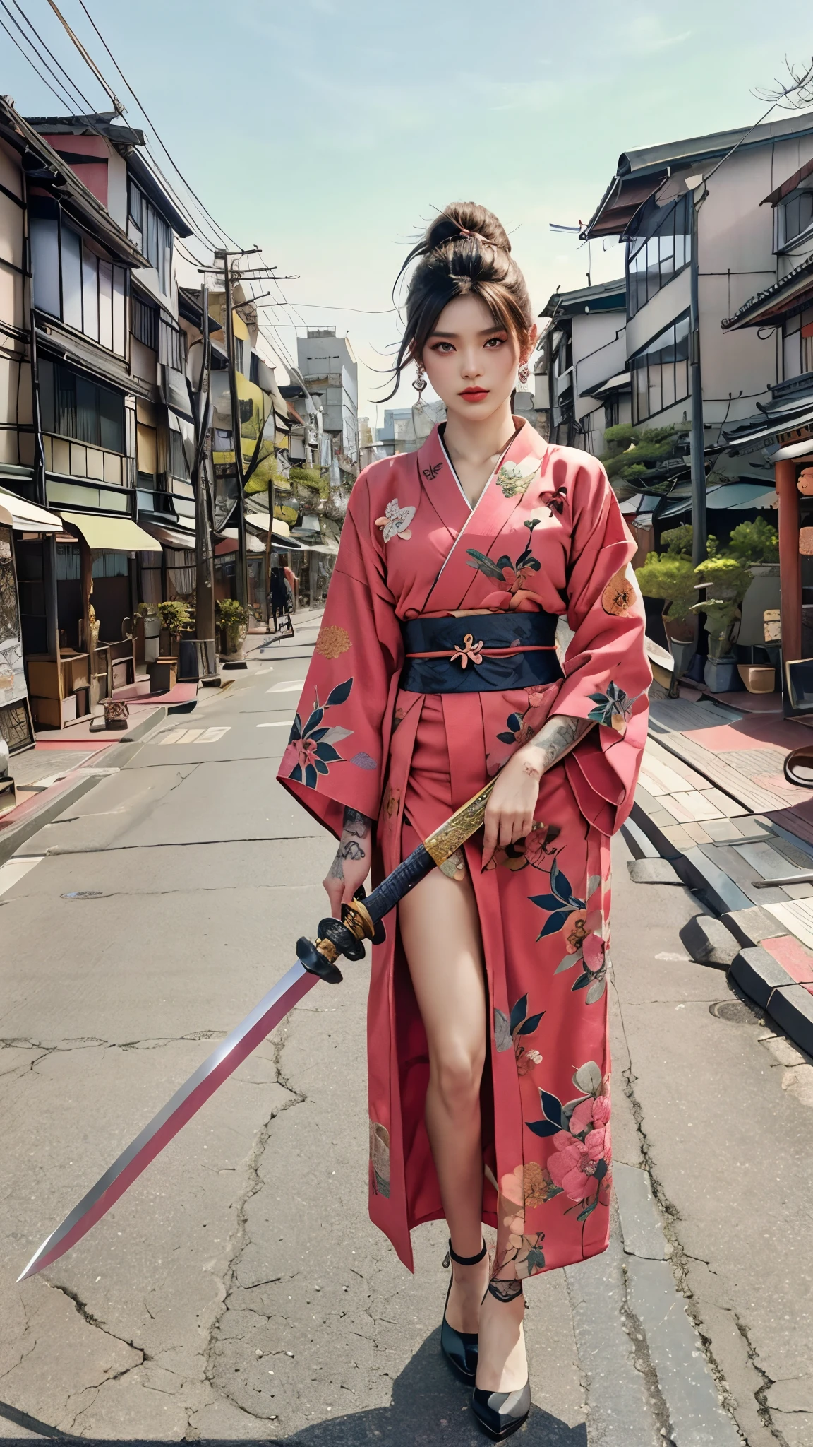 Beautiful Chinese woman, (16 years old), pretty face, red lips, white moisturized skin,
BREAK,
Athletic feminine body, Female fitness model body, Hard-toned feminine body, (muscles: 1.2), (beautiful belly button),
BREAK,
Martial arts, Kung fu, Idol,
BREAK,
(Wearing cute kimono: 1.3), (Red high heels 1.3), Necklace, Very large earrings, Short length,
BREAK,
Short hair, (Short bob hair), (Bangs: 1.2), (Pink hair), (Wavy hair),
BREAK,
(Holding a very large sword in hand: 1.4), (Holding the handle of the sword in hand: 1.3), (Raising a very large sword: 1.2), (Getting into a fighting position),
BREAK,
(Large tattoo, Japanese tattoos all over the body: 1.4),
BREAK,
Masterpiece, Perfect lighting, Ultra high resolution, 8K, (Very detailed: 1.4), (front view), looking at camera, melancholic expression,
BREAK,
(Tokyo city, lots of people in background), Japanese city background,