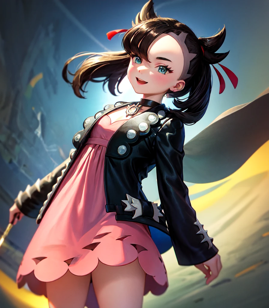 masterpiece, Highest quality, High resolution, Marnie, Aqua Eye, Black choker, Red ribbon, Pink Dress, jewelry, Black jacket, Open clothes, Long sleeve, Cowboy Shot, Are standing, White background, holding Pokéball, Pokéball \(Basic\), smile, Open your mouth,1.2,Draw a person in the center of the screen,Depict the top of your head,{{{Perfect hand shape:1.2}}},marnie