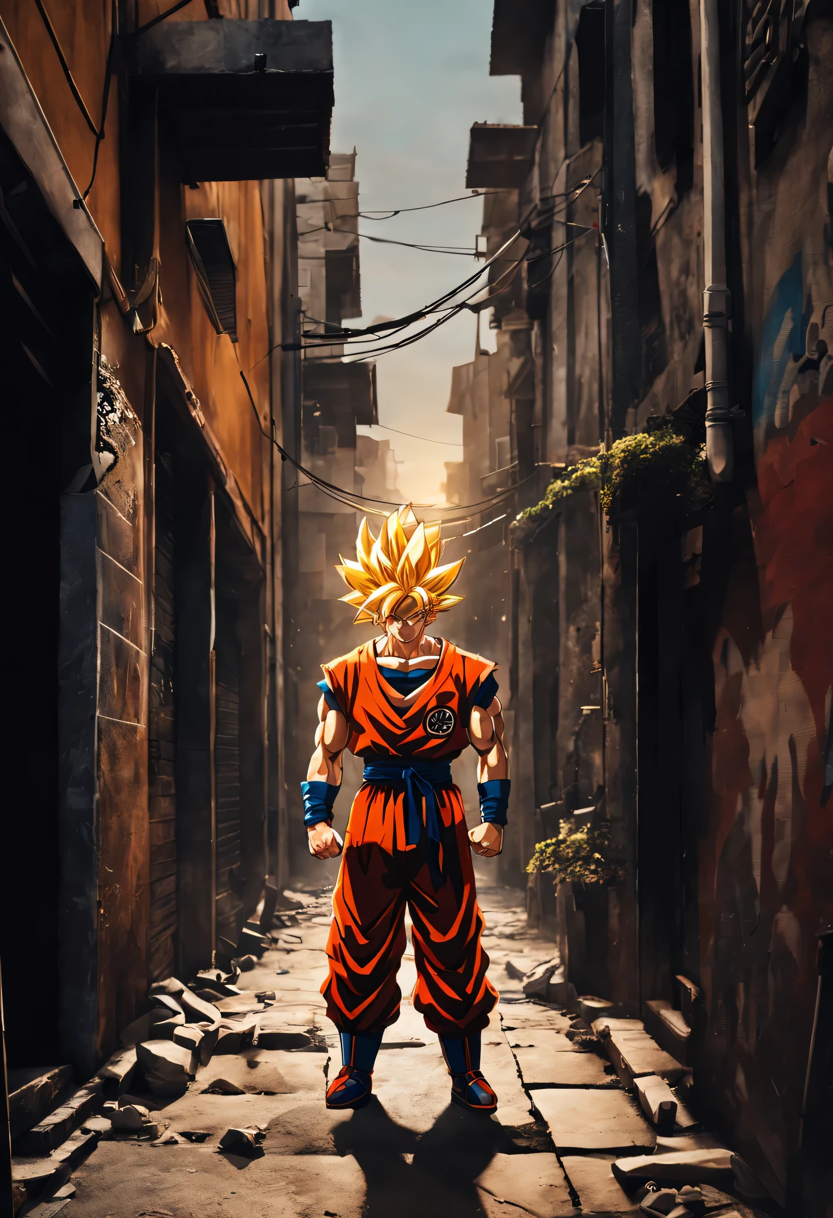 (realist,fotorrealist:1.37),Ultra detailed,Detailed illustration of Goku(detailed,emotional,expressive,feature),with streetwear style clothes(in fashion,urban,Casual),Standing in a narrow alley(dark,brave,urban),Created with detailed shading and textures(detailed lines,textured surfaces),Vivid colors with a mix of vibrant street art hues(Graffiti,pop art,Urban art),exuding an aura of power(powerful,energetic,Dynamic presence). Lighting in the scene should be dramatic and focused, with strong contrasts between lights and shadows (Dramatic lighting,high-contrast lighting). The overall image quality must be of the highest standard (The best quality,4k,8k,high,Masterpiece:1.2), capturing every intricate detail of Faustão's face, hairstyle, Garments, and muscular physique(additional tags for Goku: spiky hair, muscle building, confident expression, determined eyes). The atmosphere of the alley should reflect an urban and sandy environment., with hints of a city skyline in the background.