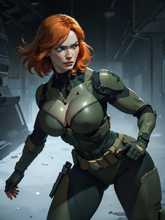 Imaginez Christina Hendricks dans le rôle d&#39;un personnage de Metal Gear Solid, Personnage féminin puissant, cheveux orange courts ondulés et yeux bleu vif, 4, traits du visage frappants et matures, construction agile et athlétique, (Résistant: Gants sans doigts, costume moulant en cuir vert, pièces blindées sur le côté, découpe décolleté, ceinture utilitaire, brassards métalliques, bottes blindées, étuis à armes à feu), Le costume est si serré que les seins de Christina Hendricks y rentrent à peine, La combinaison met en valeur sa furtivité et ses prouesses au combat. Présence séduisante et redoutable du personnage ,rendu hyper réaliste pour capturer chaque détail, mettant en valeur la maîtrise de l’art du portrait numérique, qualité photoréaliste ultime, expression faciale très détaillée mettant en valeur la détermination et la stratégie du personnage, des notes subtiles d&#39;éléments high-tech et militaristes reflétant la véritable essence de l&#39;univers Metal Gear Solid, couleurs vibrantes avec des gris profonds et des tons froids contrastés ,créer un portrait visuellement saisissant et captivant.
