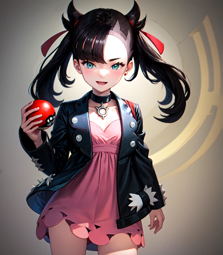 masterpiece, Highest quality, High resolution, Marnie, Aqua Eye, Black choker, Red ribbon, Pink Dress, jewelry, Black jacket, Open clothes, Long sleeve, Cowboy Shot, Are standing, White background, holding Pokéball, Pokéball \(Basic\), smile, Open your mouth,1.2,Draw a person in the center of the screen,Depict the top of your head,{{{Perfect hand shape:1.2}}},marnie