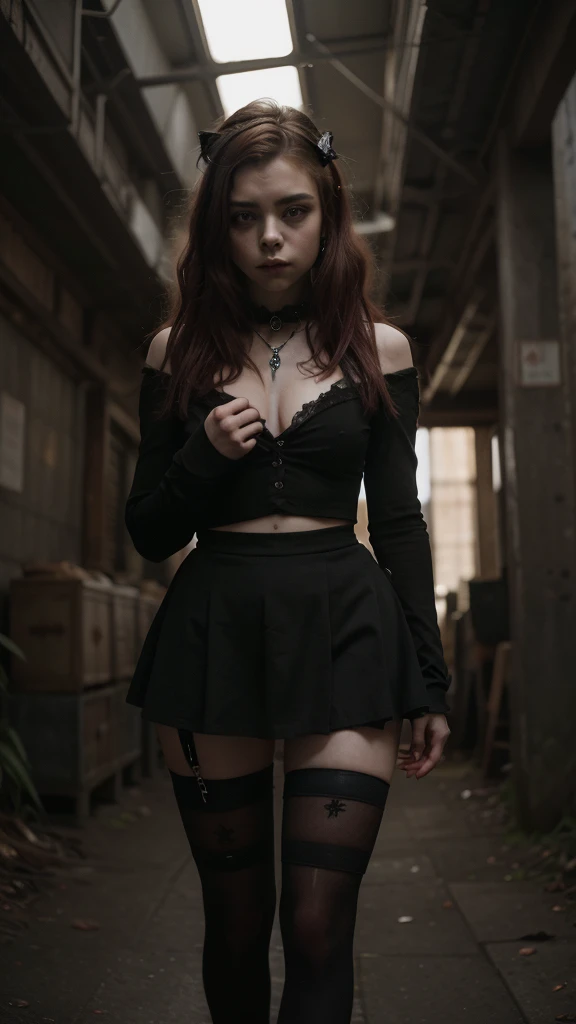 14 year old young sexy girl, red mushroom-shaped hair in gothic style, similar to Chloë Grace Moretz, two-piece goth dress, mini skirt, high quality, perfect hands, super detailed full body shot, detailed facial features, dark moody atmosphere, Renaissance painting style, natural lighting, cinematic, muted color palette, chiaroscuro