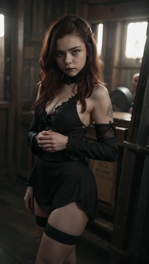 14 year old young sexy girl, red mushroom-shaped hair in gothic style, similar to Chloë Grace Moretz, two-piece goth dress, mini...