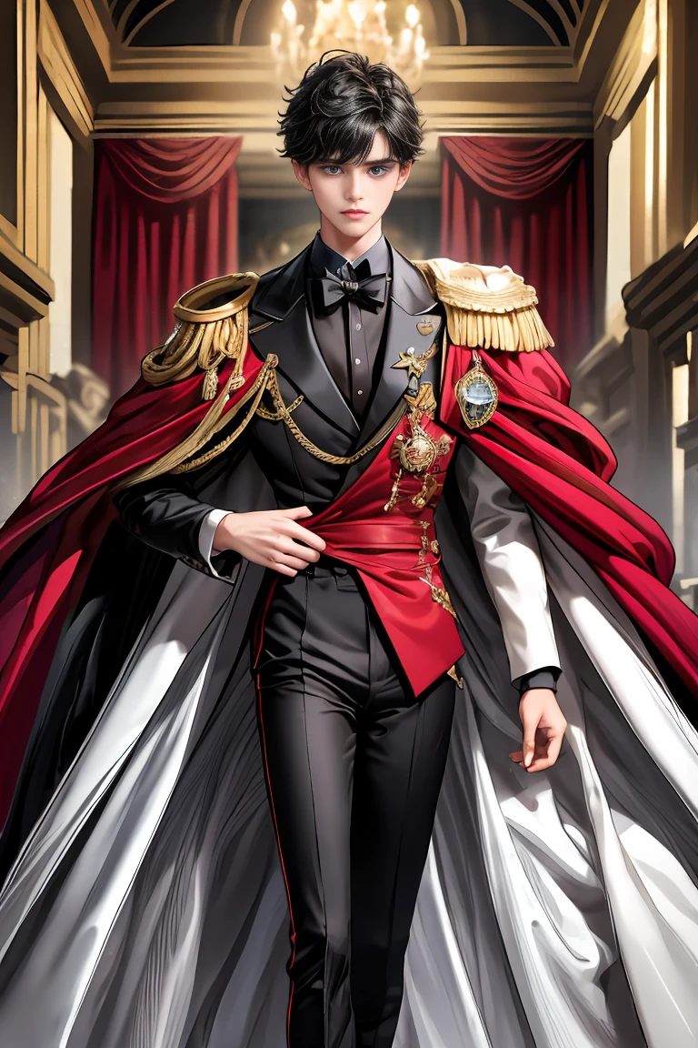 
masterpiece, 最high quality, high quality, 1 boy, alone, Male focus, Watching the audience,  Messy black hair, Adorable big blue eyes, White, Noble, Noble,A sexy, voluminous, puffy cape、tuxedo、A very voluminous, large, very large, very large, long, long red and black cape with a high stand-up collar, made of a lot of fabric that reaches down to the floor., 17 years old,Cute beautiful boys,Cute, cute, kind, handsome guy