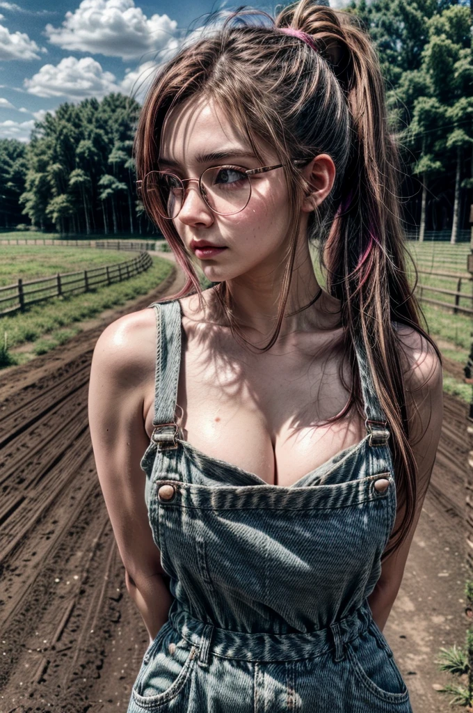 1 girl, brown hair, ponytail, multicolored hair, (pink hair highlights:0.8), farm girl, sexy farmer overalls, cleavage, round eyewear, glasses, streets, green eyes, solo, farm field, standing, arms behind back