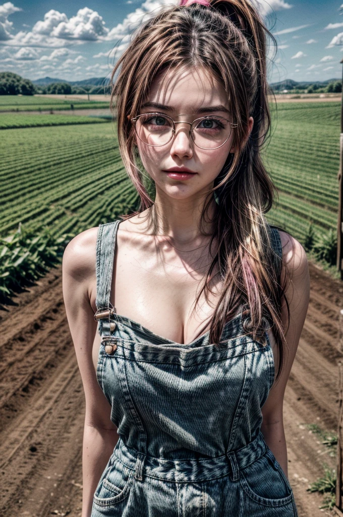 1 girl, brown hair, ponytail, multicolored hair, (pink hair highlights:0.8), farm girl, sexy farmer overalls, cleavage, round eyewear, glasses, streets, green eyes, solo, farm field, standing, arms behind back