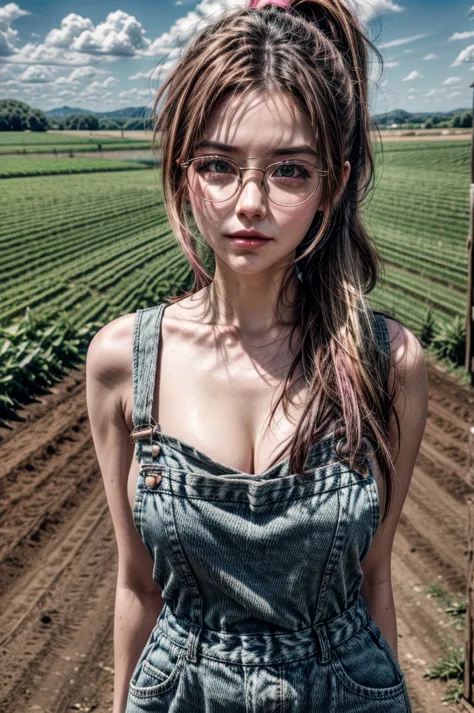1 girl, brown hair, ponytail, multicolored hair, (pink hair highlights:0.8), farm girl, sexy farmer overalls, cleavage, round ey...