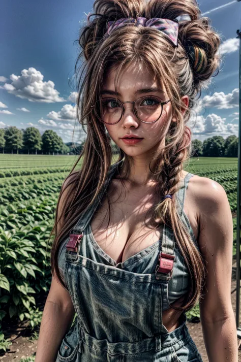 1 girl, brown hair, ponytail, multicolored hair, (pink hair highlights:0.8), farm girl, sexy farmer overalls, cleavage, round ey...