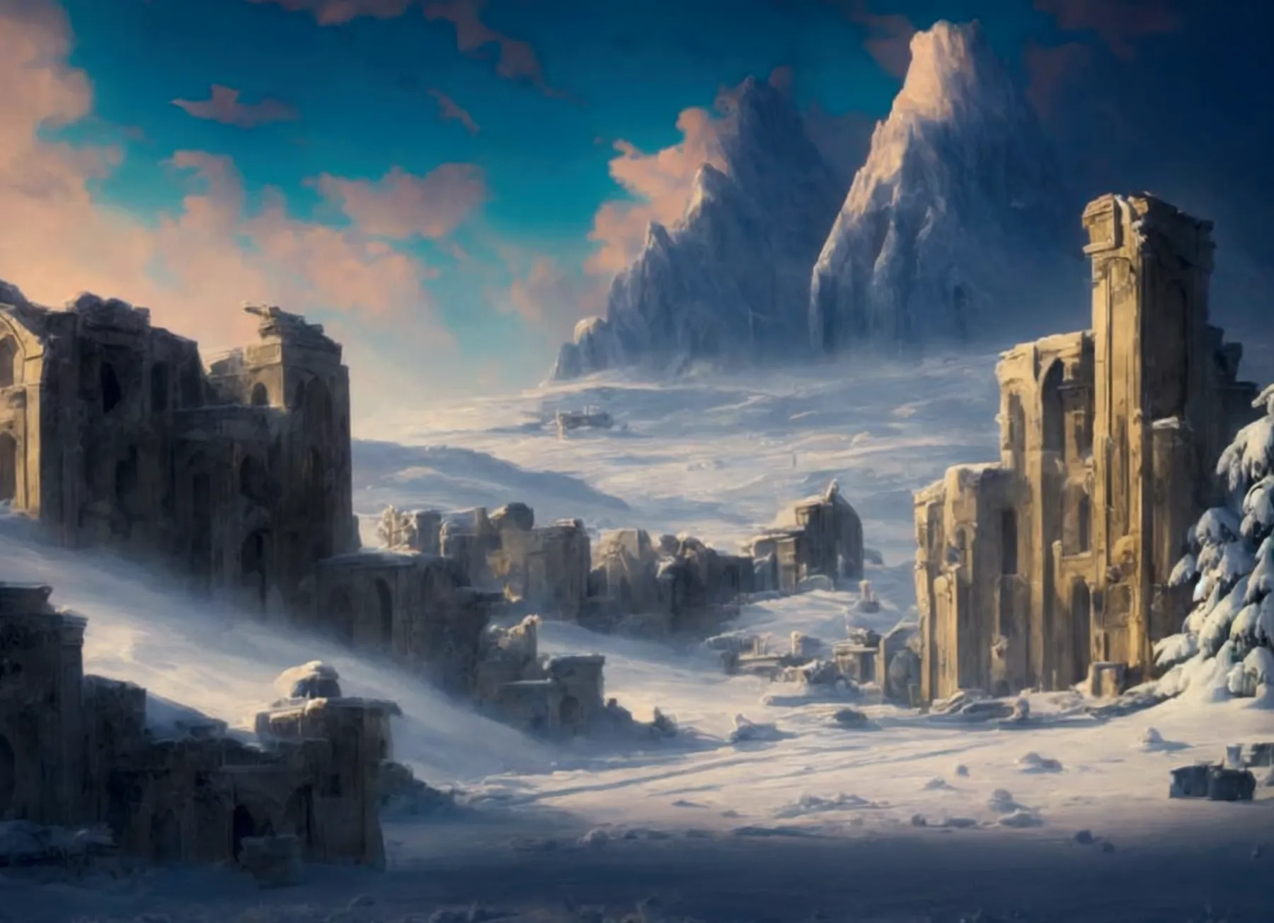 detailed post-apocalyptic winter landscape, epic frozen tundra, snow-covered ruins, abandoned city, blizzard storm, howling wind...