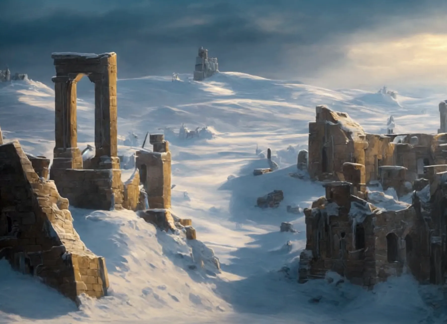 detailed post-apocalyptic winter landscape, epic frozen tundra, snow-covered ruins, abandoned city, blizzard storm, howling wind...