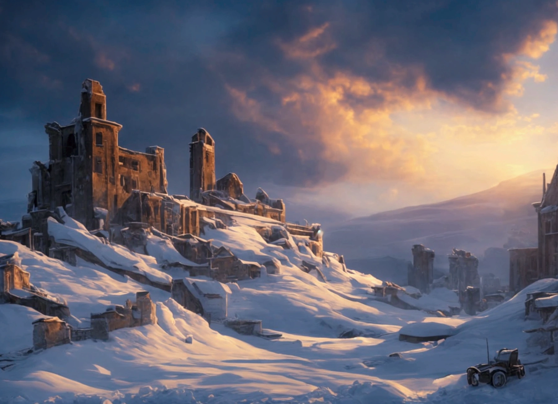 detailed post-apocalyptic winter landscape, epic frozen tundra, snow-covered ruins, abandoned city, blizzard storm, howling wind, dramatic lighting, cinematic composition, highly detailed, 8k, photorealistic, intricate textures, icy crystals, desolate atmosphere, foreboding clouds, dramatic shadows, moody color palette, cold tones, depth of field, volumetric fog, cinematic framing, sweeping vista, masterpiece