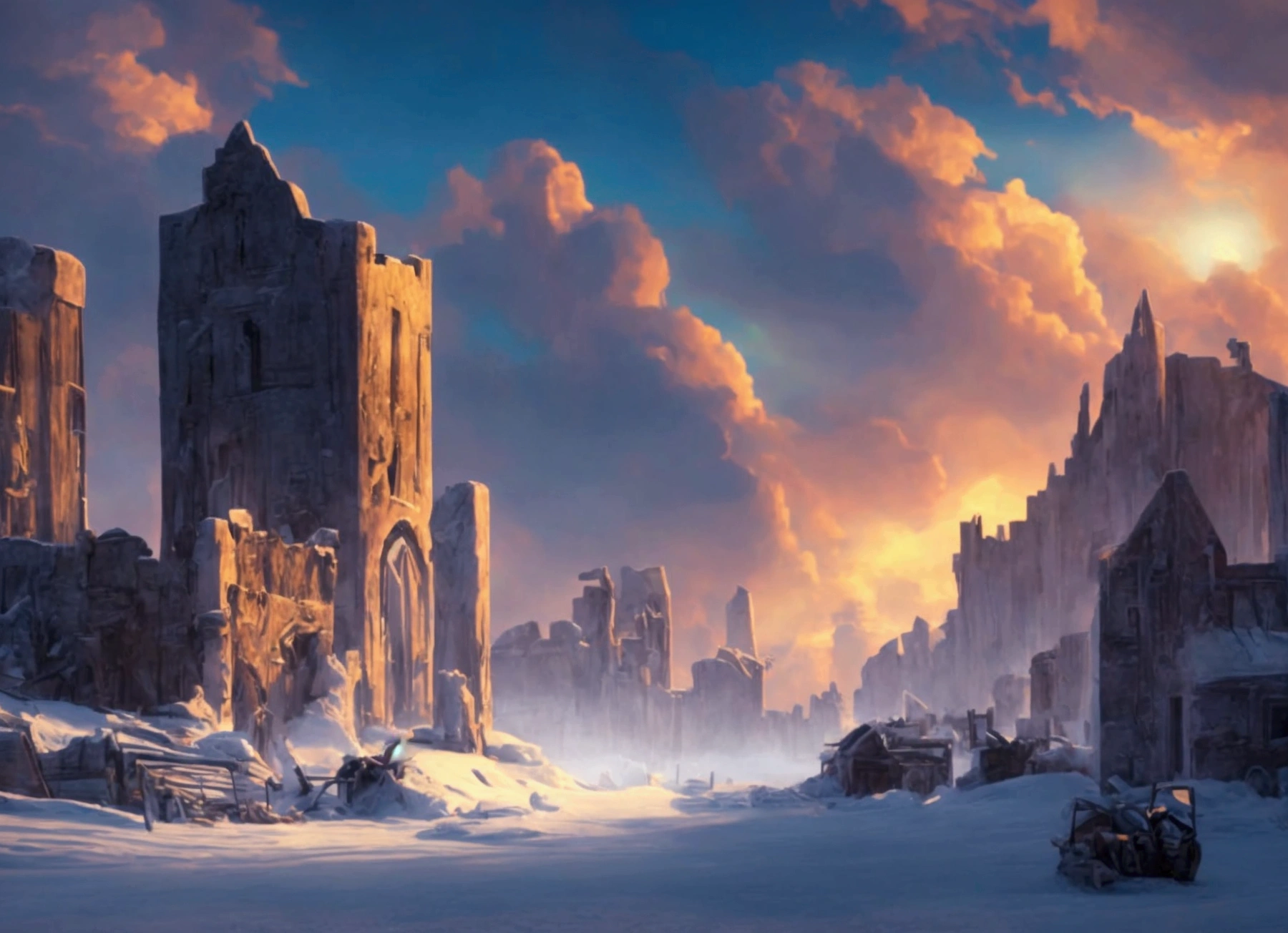 detailed post-apocalyptic winter landscape, epic frozen tundra, snow-covered ruins, abandoned city, blizzard storm, howling wind, dramatic lighting, cinematic composition, highly detailed, 8k, photorealistic, intricate textures, icy crystals, desolate atmosphere, foreboding clouds, dramatic shadows, moody color palette, cold tones, depth of field, volumetric fog, cinematic framing, sweeping vista, masterpiece