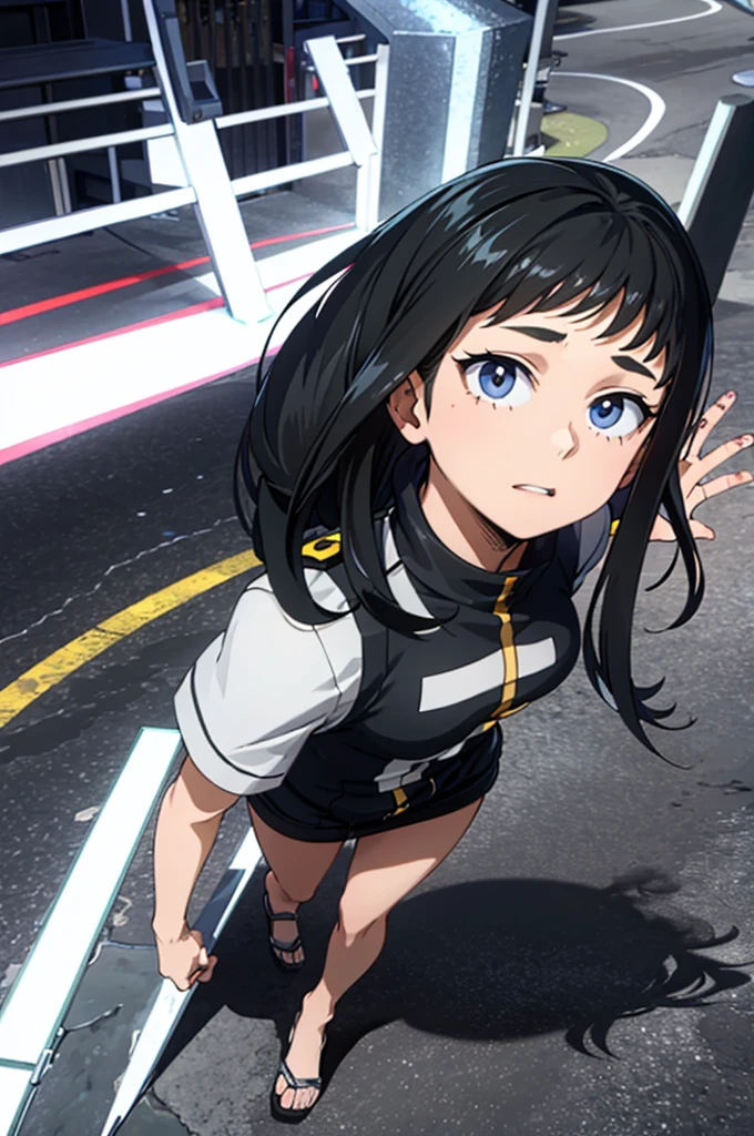  high image quality, she is a 20 year old teenager, she has slightly disheveled very black hair..., somewhat light blue eyes, on a busy avenue , walking on the busy avenue, fit body , nice face , attractive, happy face,  with normal warm clothing, my hero academy art style, boku no hero style