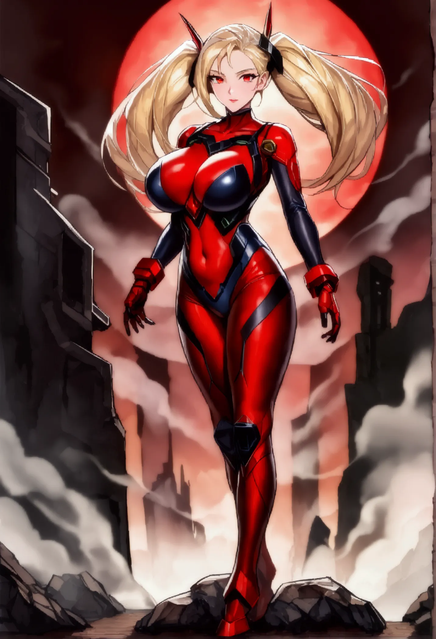 長い髪のbeautifulアニメ風の美女, (((Blonde)))Twin tail hair,(((Highest quality)))Transparent Hair,face of compassion,(((Red eyes)))Beautiful woman full of pleasure,(((A well-defined, glamorous body)))((Huge bust))Tight waist,(((Wearing a sleek and radically modern ba...