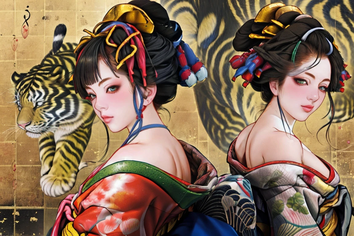 1 Girl, alone, Oiran, Maiko, country, Looking at the audience, short hair, Brown eyes, Brown Hair, Black Hair, hair ornaments, Upper Body, kimono, Blunt bangs, kimono, sash, Compensate, Bob cut hair, background with white Tiger, (((bare shoulders:1.2))),