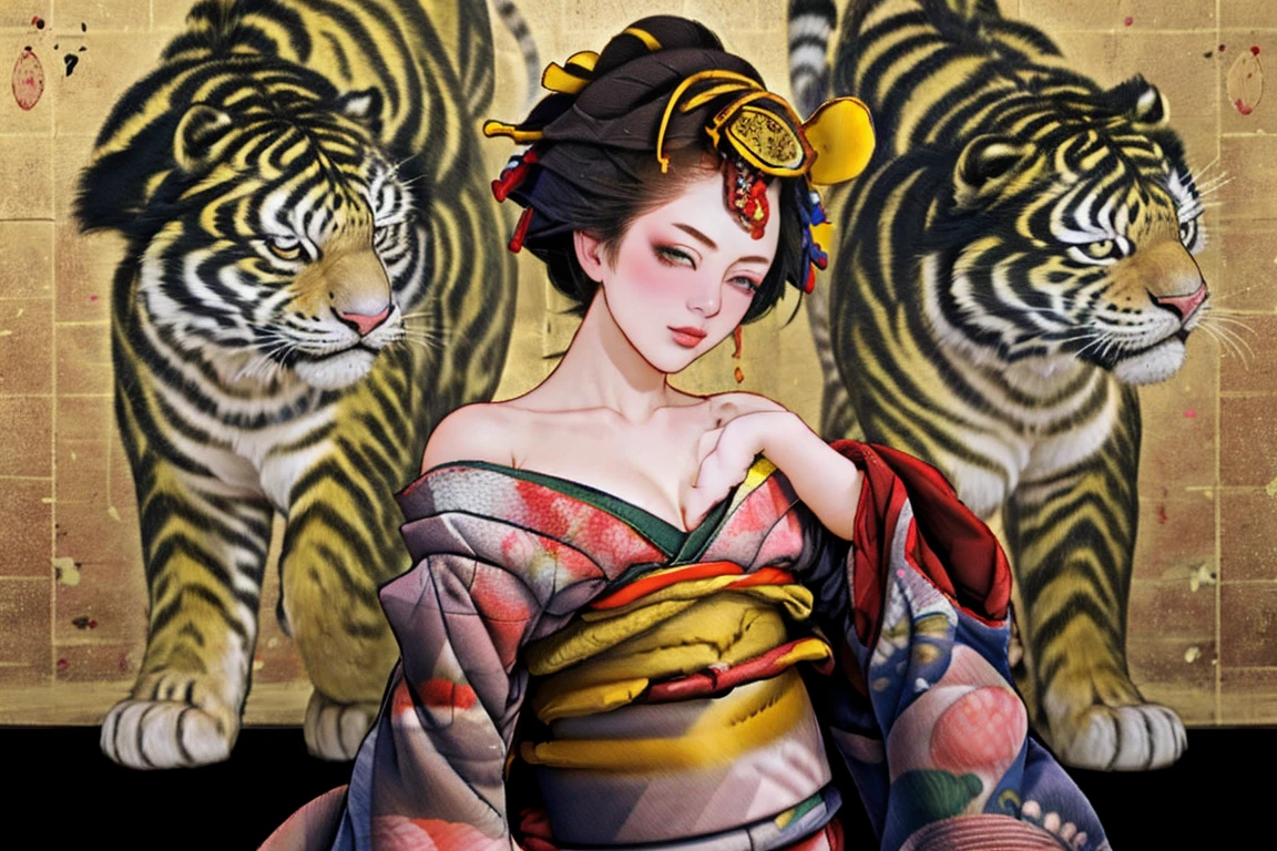 1 Girl, alone, Oiran, Maiko, country, Looking at the audience, short hair, Brown eyes, Brown Hair, Black Hair, hair ornaments, Upper Body, kimono, Blunt bangs, kimono, sash, Compensate, Bob cut hair, background with white Tiger, (((bare shoulders:1.2))),