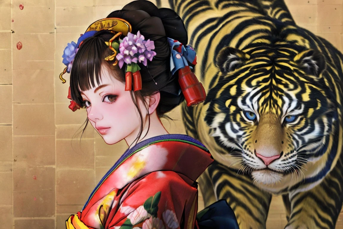 1 Girl, alone, Oiran, Maiko, country, Looking at the audience, short hair, Brown eyes, Brown Hair, Black Hair, hair ornaments, Upper Body, kimono, Blunt bangs, kimono, sash, Compensate, Bob cut hair, background with white Tiger, (((bare shoulders:1.2))),