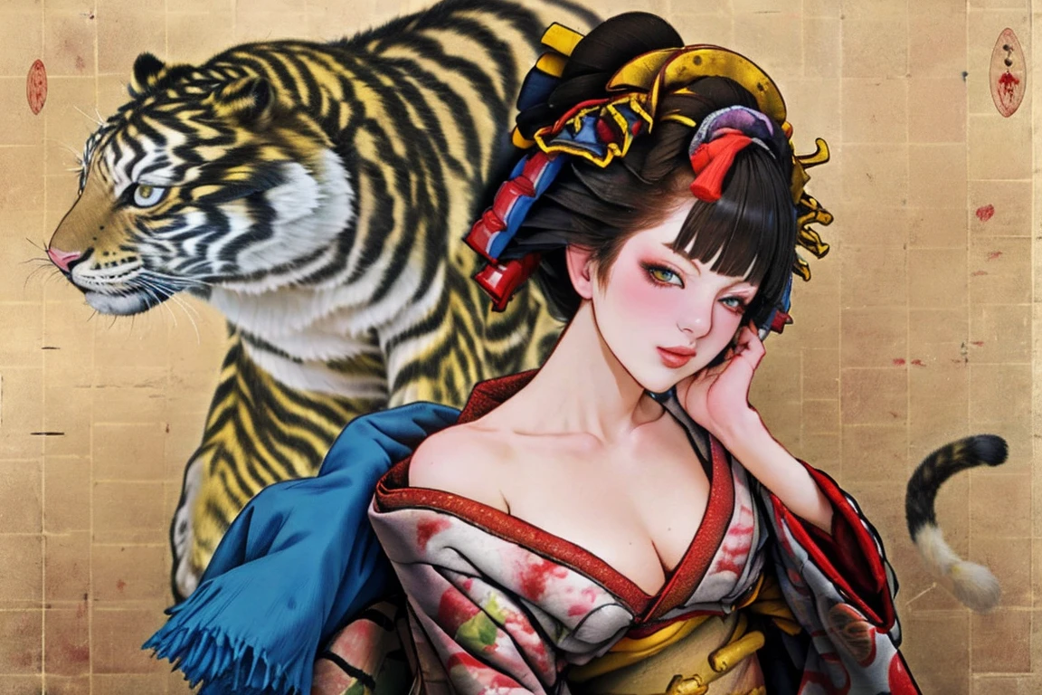 1 Girl, alone, Oiran, Maiko, country, Looking at the audience, short hair, Brown eyes, Brown Hair, Black Hair, hair ornaments, Upper Body, kimono, Blunt bangs, kimono, sash, Compensate, Bob cut hair, background with white Tiger, (((bare shoulders:1.2))),