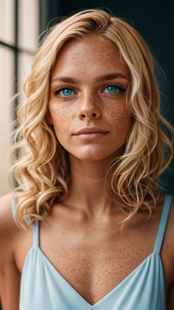 An exquisite portrait of an extremely albino woman with freckles, photography captured in stunning 8k resolution and raw format to preserve the highest quality of details. The beauty of women is undeniable, her face commanding the frame in a close-up that reveals the intricate details of her large, bright, light blue eyes, that complements your radiant skin, and her eyes are portrayed with meticulous attention to detail, showing the captivating depth within. The photograph is taken with a lens that emphasizes the challenge of your gaze, environment that highlights the soft colors of the scene. Lighting and shadows are expertly crafted to highlight the richness of your skin tone and the subtle nuances of your features.. Her curly blonde hair is highly detailed strand by strand, with its distinct tone, adds a touch of warmth and contrast against your skin. The interior ambiance adds a sense of intimacy, while the freckles on your skin. The overall composition captures its essence with authenticity and grace, creating a portrait that is a celebration of your heritage and beauty. Photography by challenge512, using the best shadow and lighting techniques, to create a mesmerizing portrait that transcends the visual,
ultra-realistic image, perfect symmetry, vibrant and clear, dynamic view, high level of detail and definition, 1200 PPI - Photographic resolution with greater color realism, hyperrealisti, high fidelity,  cinematic, 8K UHD image resolution.