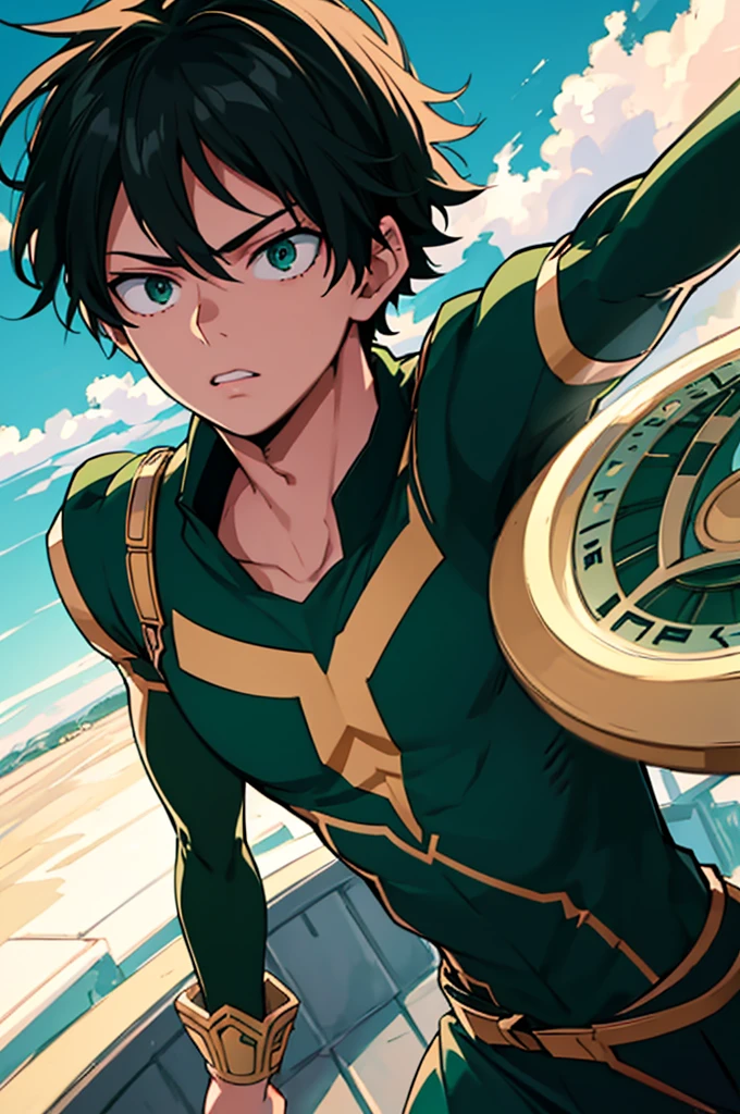 beautiful detailed green eyes, beautiful detailed lips, extremely detailed eyes and face, 1 boy, 17 year old teenager, slightly disheveled very black hair, muscular body, front angle, anime uniform, my hero academia, (best quality,4k,8k,highres,masterpiece:1.2),ultra-detailed,anime,concept art,vibrant colors,dramatic lighting