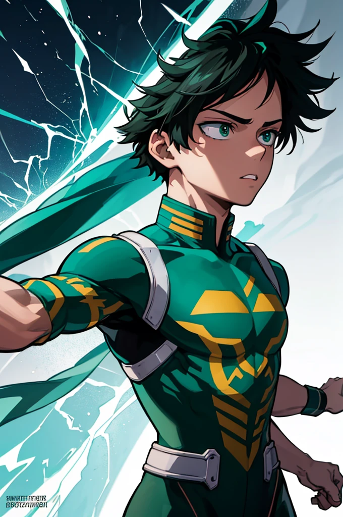 beautiful detailed green eyes, beautiful detailed lips, extremely detailed eyes and face, 1 boy, 17 year old teenager, slightly disheveled very black hair, muscular body, front angle, anime uniform, my hero academia, (best quality,4k,8k,highres,masterpiece:1.2),ultra-detailed,anime,concept art,vibrant colors,dramatic lighting