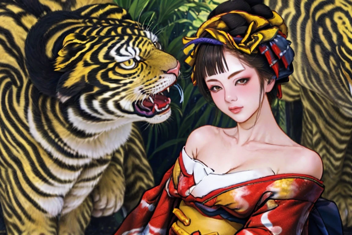 1 Girl, alone, Oiran, Maiko, country, Looking at the audience, short hair, Brown eyes, Brown Hair, Black Hair, hair ornaments, Upper Body, kimono, Blunt bangs, kimono, sash, Compensate, Bob cut hair, background with white Tiger, (((bare shoulders:1.5))),