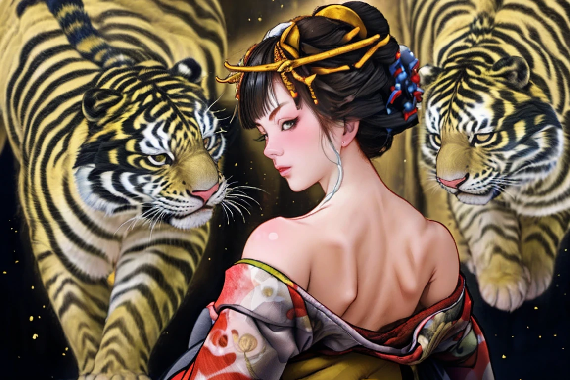 1 Mädchen, allein, Oiran, Maiko, Land, Blick ins Publikum, Kurzes Haar, braune Augen, braune Haare, schwarzes Haar, Haarschmuck, Oberkörper, Kimono, Stumpfer Pony, Kimono, Schärpe, kompensieren, Bob geschnittenes Haar, Hintergrund mit weißem Tiger, (((nackten Schultern:1.5))),