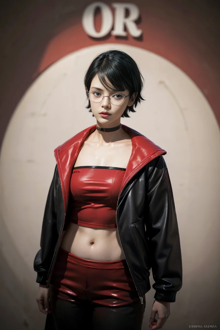 Sarada, age 25, pure white skin, black bob hair, perfect face, perfect aesthetic shape body, black and red jacket, black spects, 8k ultra realistic, high detailed, posing for a picture. 