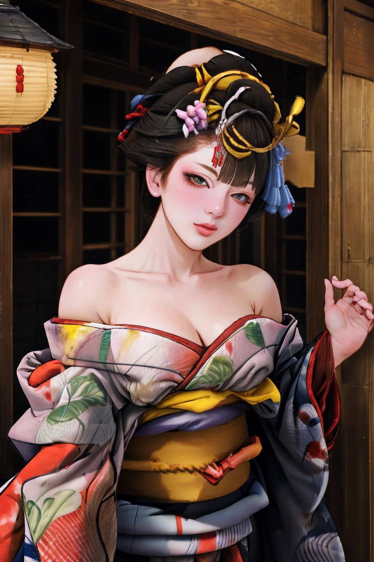 1 fille, seul, Oïran, des pays, pays, En regardant le public, Cheveux courts, yeux marrons, cheveux bruns, cheveux noirs, ornements de cheveux, Haut du corps, kimono, frange émoussée, kimono, ceinture, compenser, coupe de cheveux au carré, fond avec tigre blanc, (((Épaules nues:1.5))),