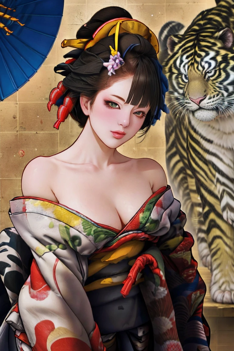 1 Girl, alone, Oiran, Maiko, country, Looking at the audience, short hair, Brown eyes, Brown Hair, Black Hair, hair ornaments, Upper Body, kimono, Blunt bangs, kimono, sash, Compensate, Bob cut hair, background with white Tiger, (((bare shoulders:1.5))),